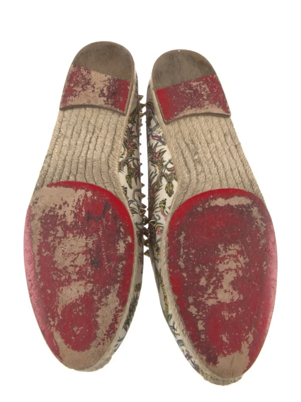 Christian Louboutin Printed Espadrille Flats Stud Trim White Floral Safari